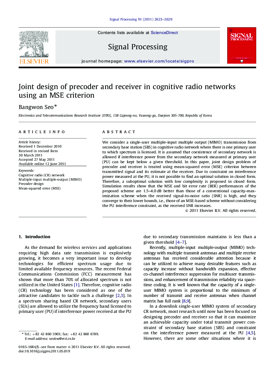 Joint design of precoder and receiver in cognitive radio networks using an MSE criterion