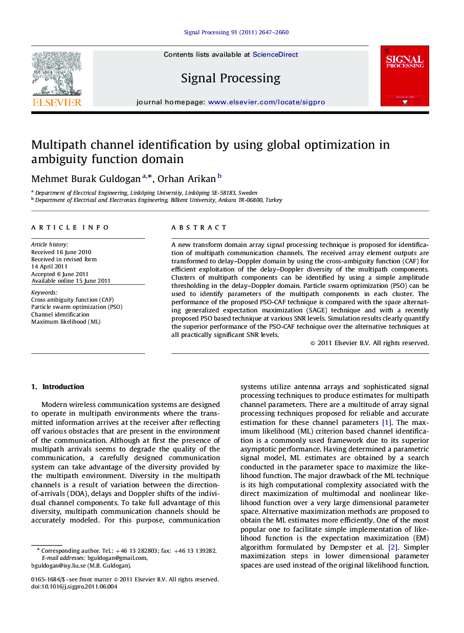 Multipath channel identification by using global optimization in ambiguity function domain