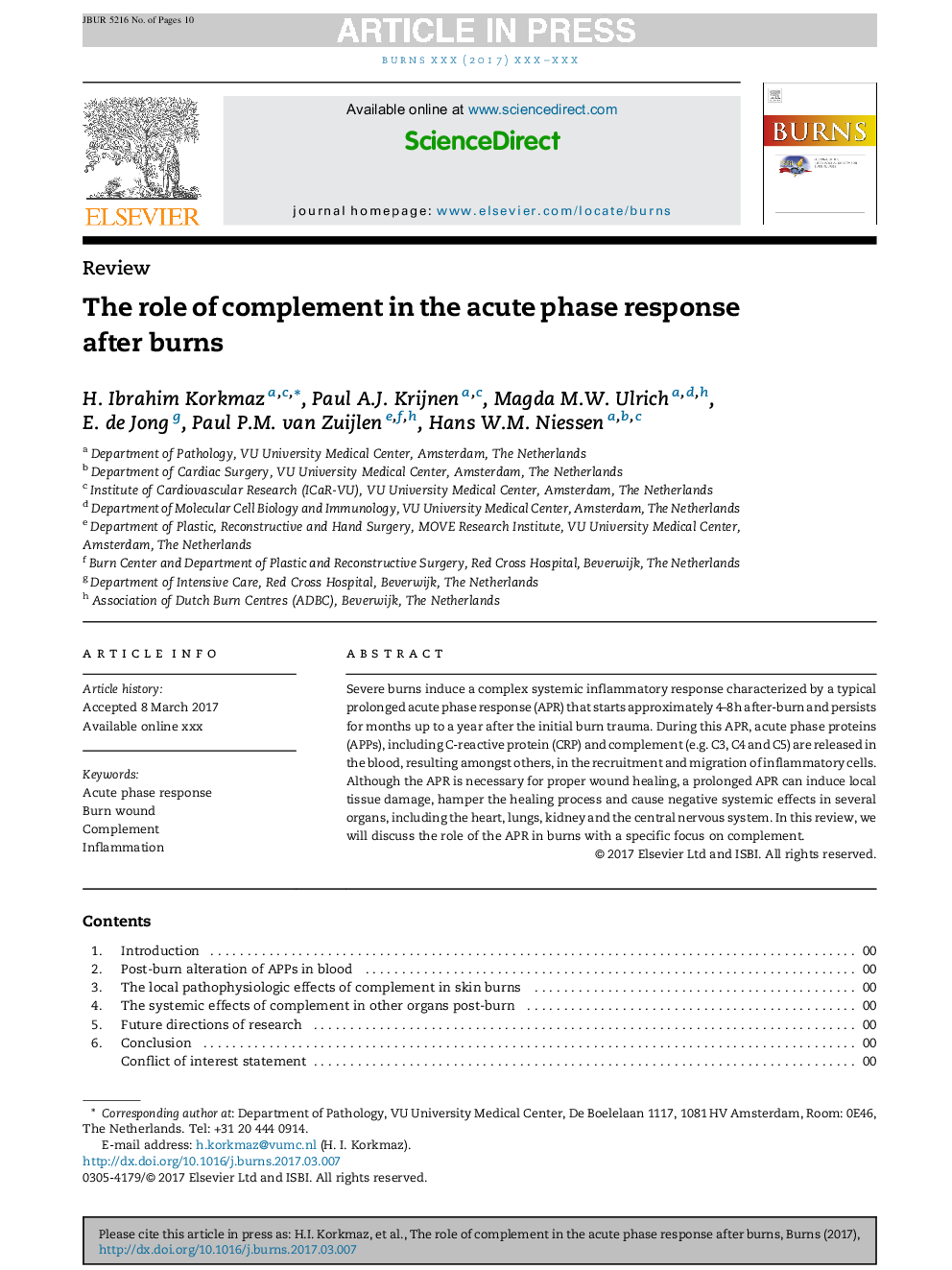 The role of complement in the acute phase response after burns