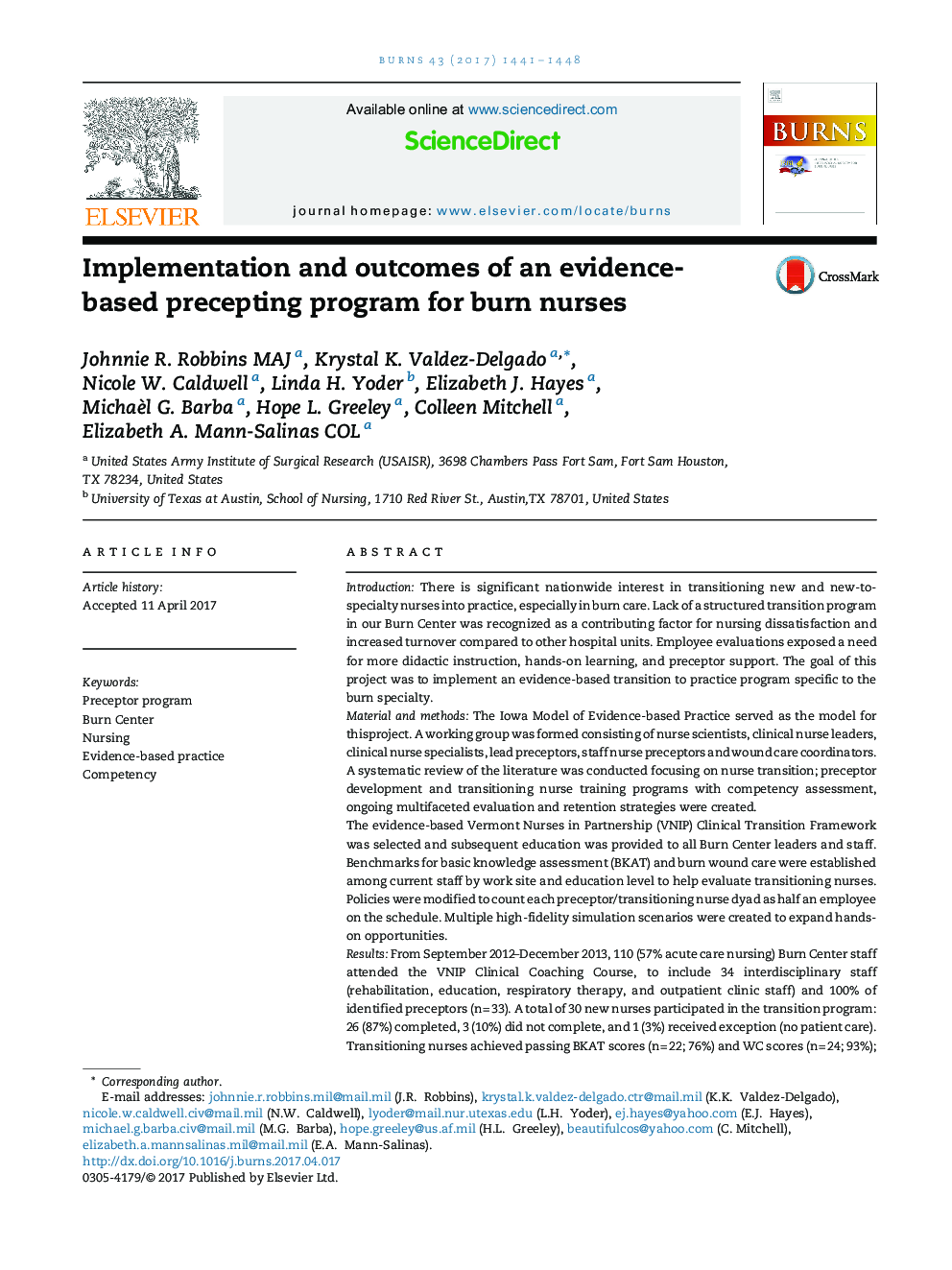 Implementation and outcomes of an evidence-based precepting program for burn nurses