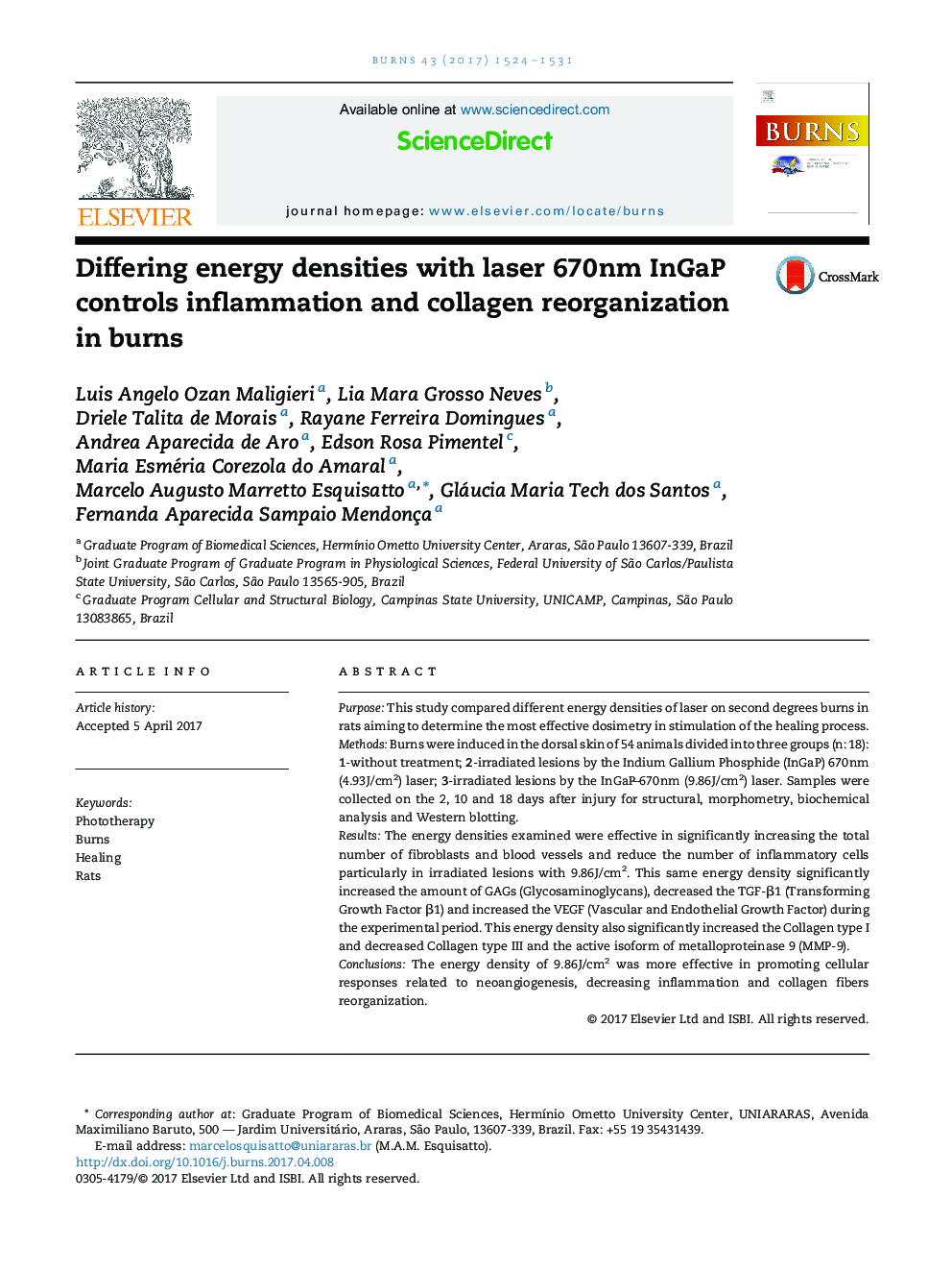 Differing energy densities with laser 670 nm InGaP controls inflammation and collagen reorganization in burns