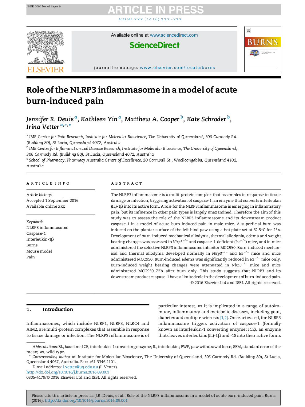 عکس صفحه اول مقاله: Role of the NLRP3 inflammasome in a model of acute burn-induced pain Role of the NLRP3 inflammasome in a model of acute burn-induced pain