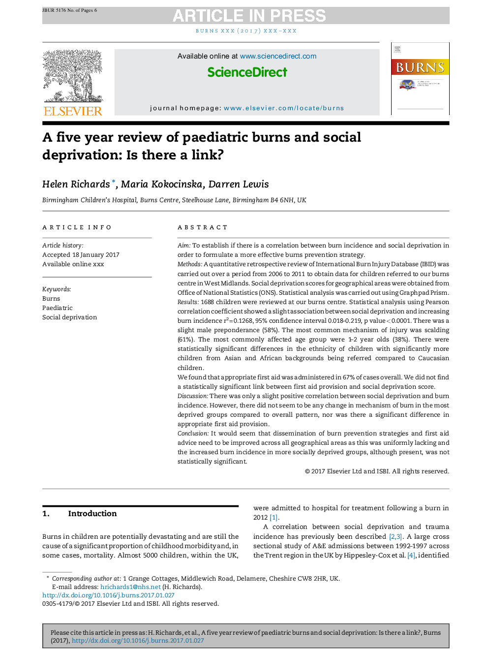 A five year review of paediatric burns and social deprivation: Is there a link?