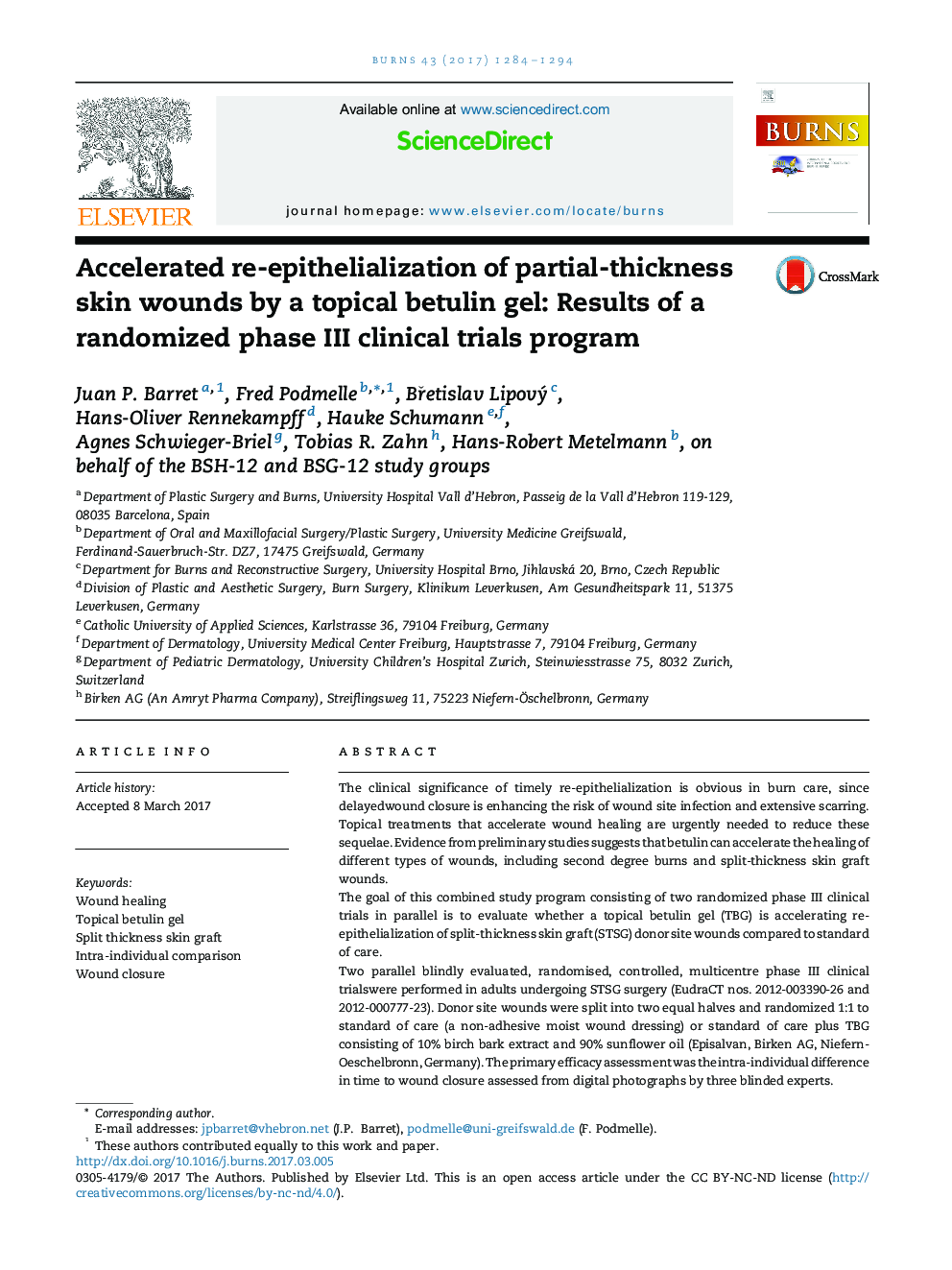 Accelerated re-epithelialization of partial-thickness skin wounds by a topical betulin gel: Results of a randomized phase III clinical trials program