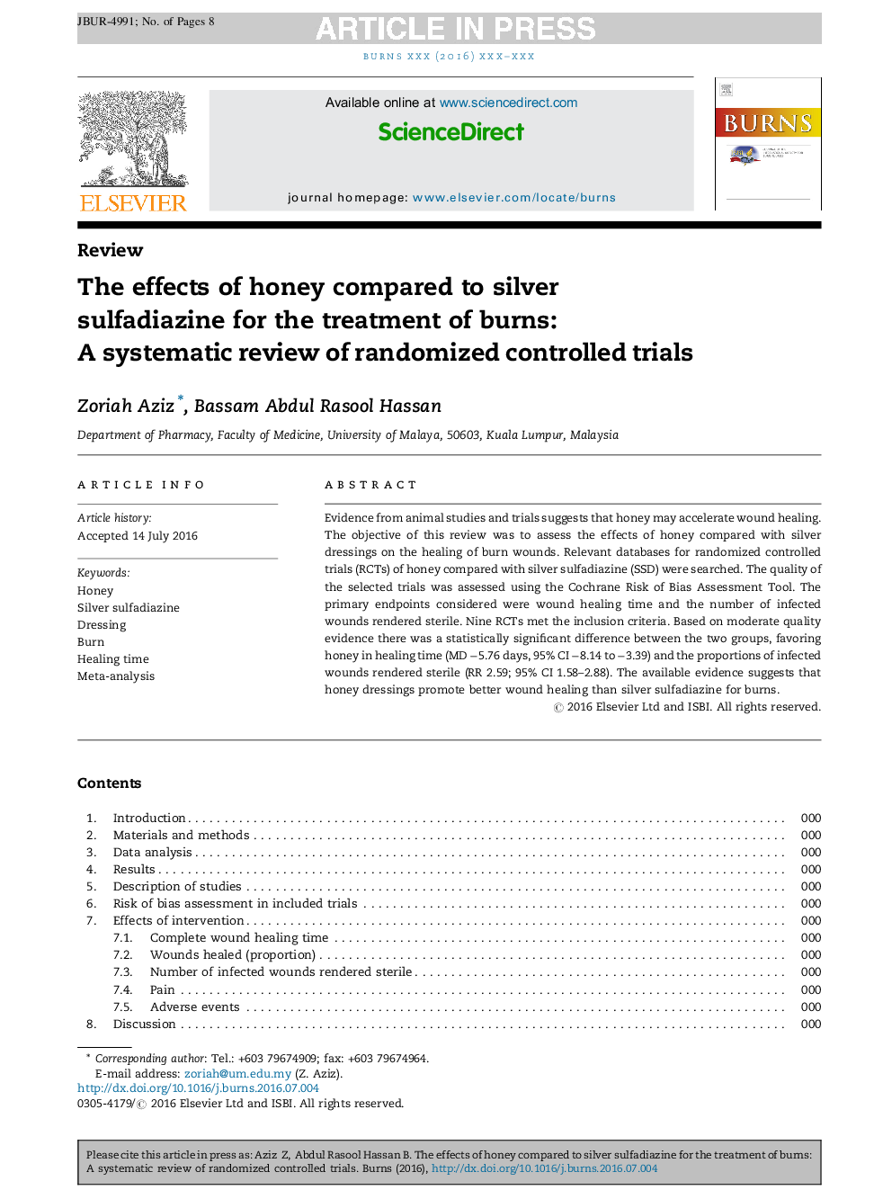 The effects of honey compared to silver sulfadiazine for the treatment of burns: A systematic review of randomized controlled trials