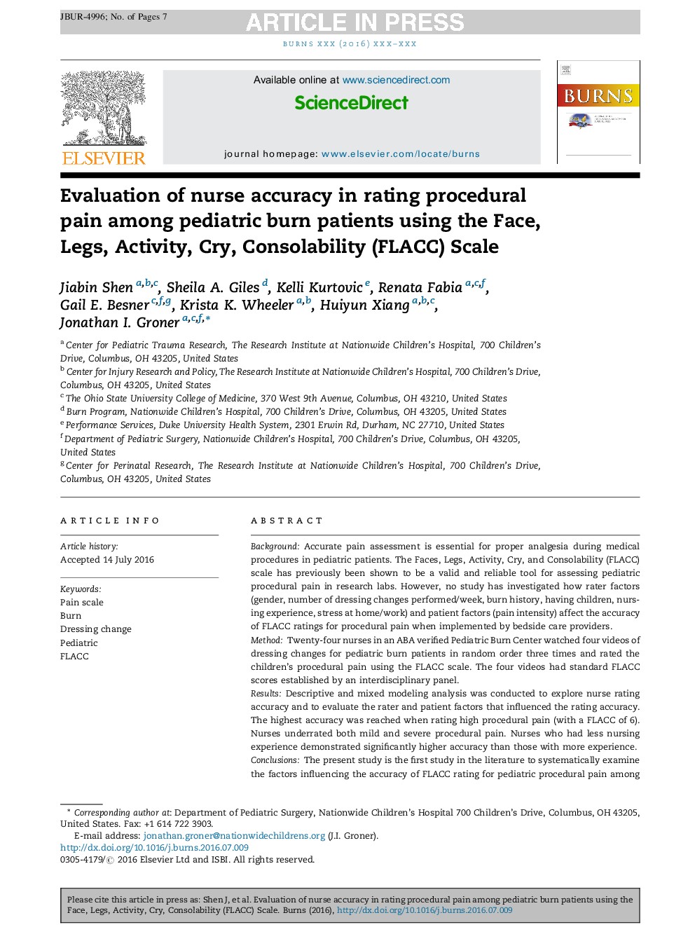 Evaluation of nurse accuracy in rating procedural pain among pediatric burn patients using the Face, Legs, Activity, Cry, Consolability (FLACC) Scale