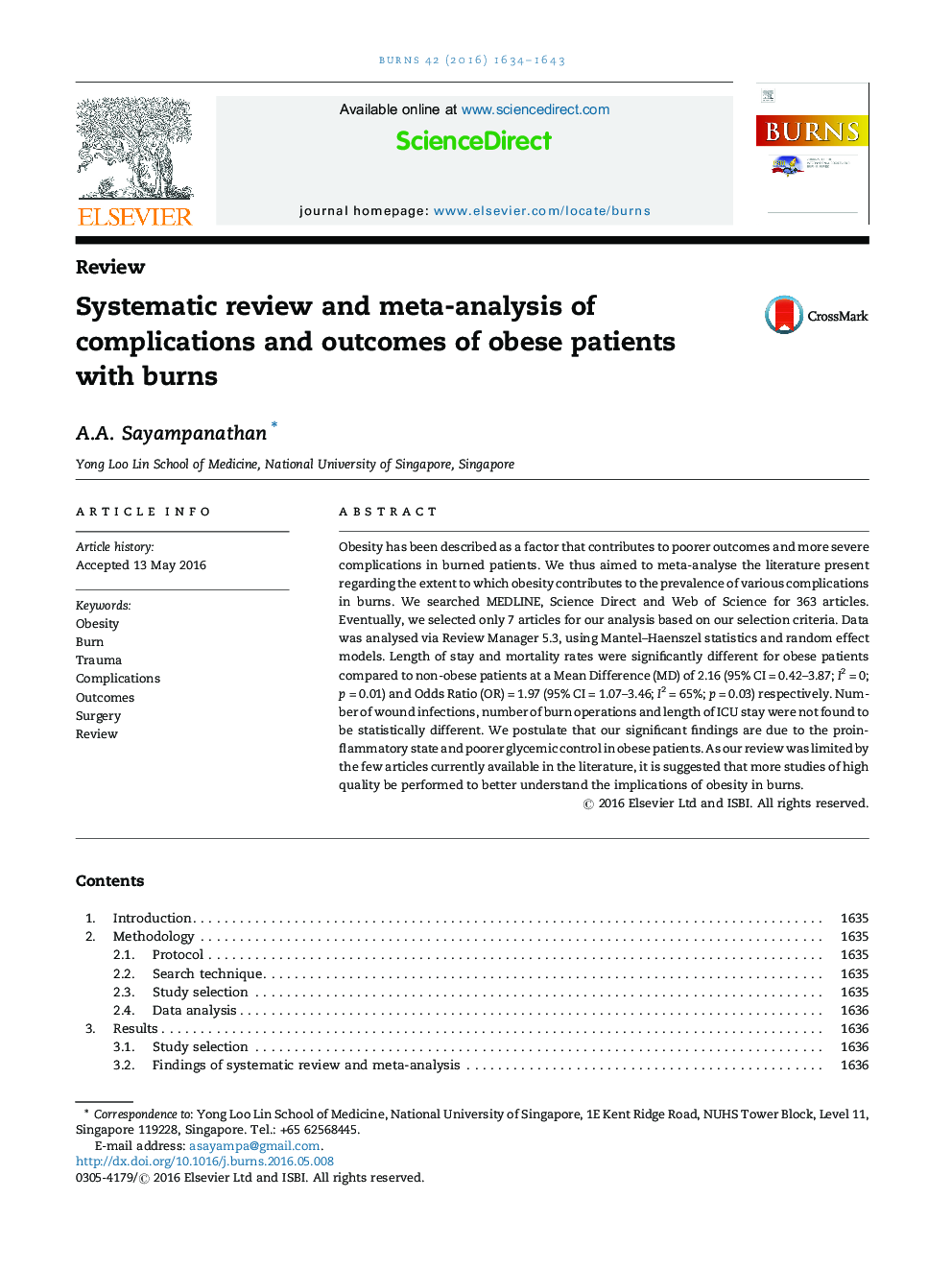 Systematic review and meta-analysis of complications and outcomes of obese patients with burns