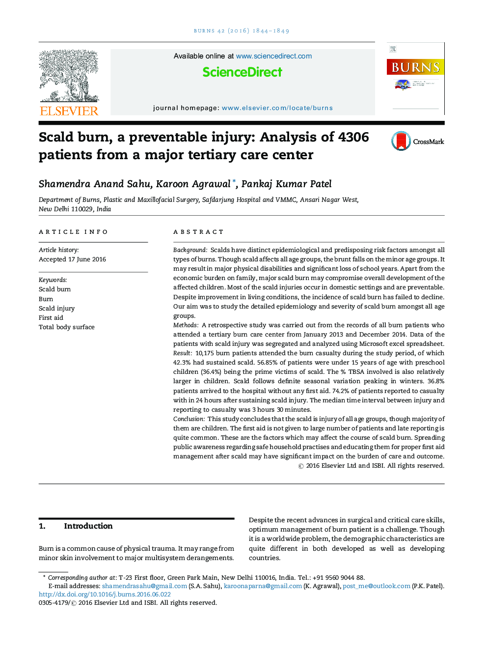 Scald burn, a preventable injury: Analysis of 4306 patients from a major tertiary care center