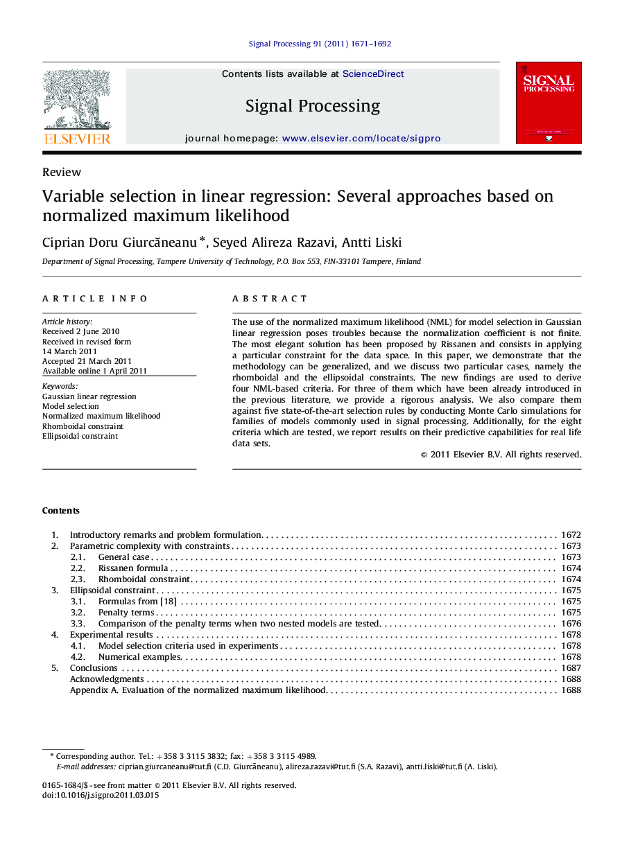 Variable selection in linear regression: Several approaches based on normalized maximum likelihood