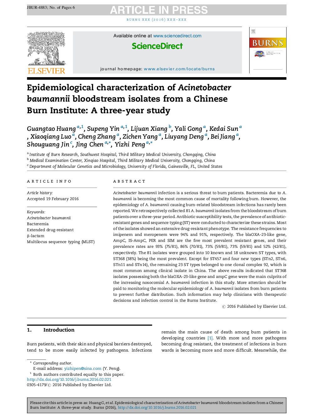 Epidemiological characterization of Acinetobacter baumannii bloodstream isolates from a Chinese Burn Institute: A three-year study