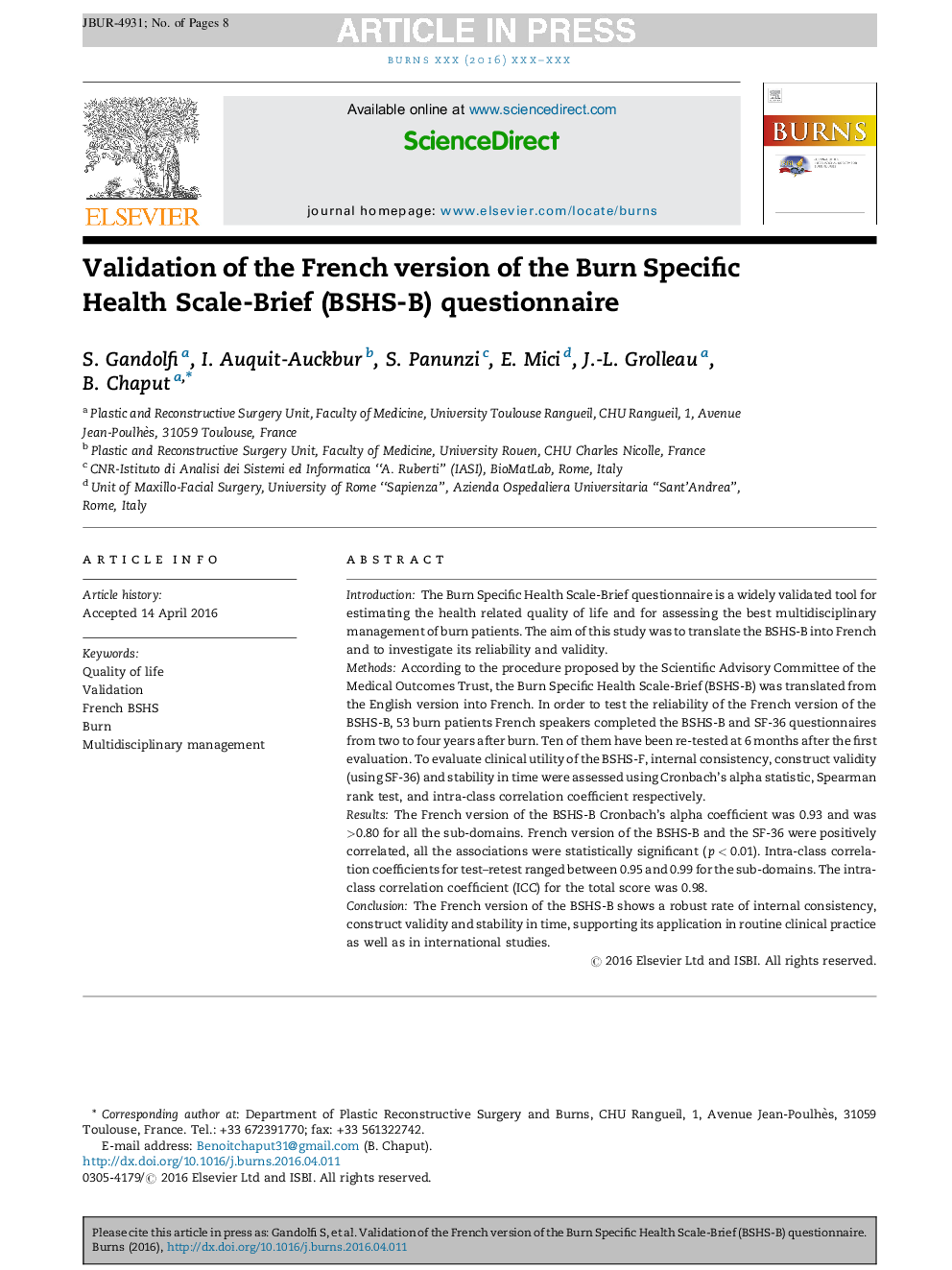 Validation of the French version of the Burn Specific Health Scale-Brief (BSHS-B) questionnaire