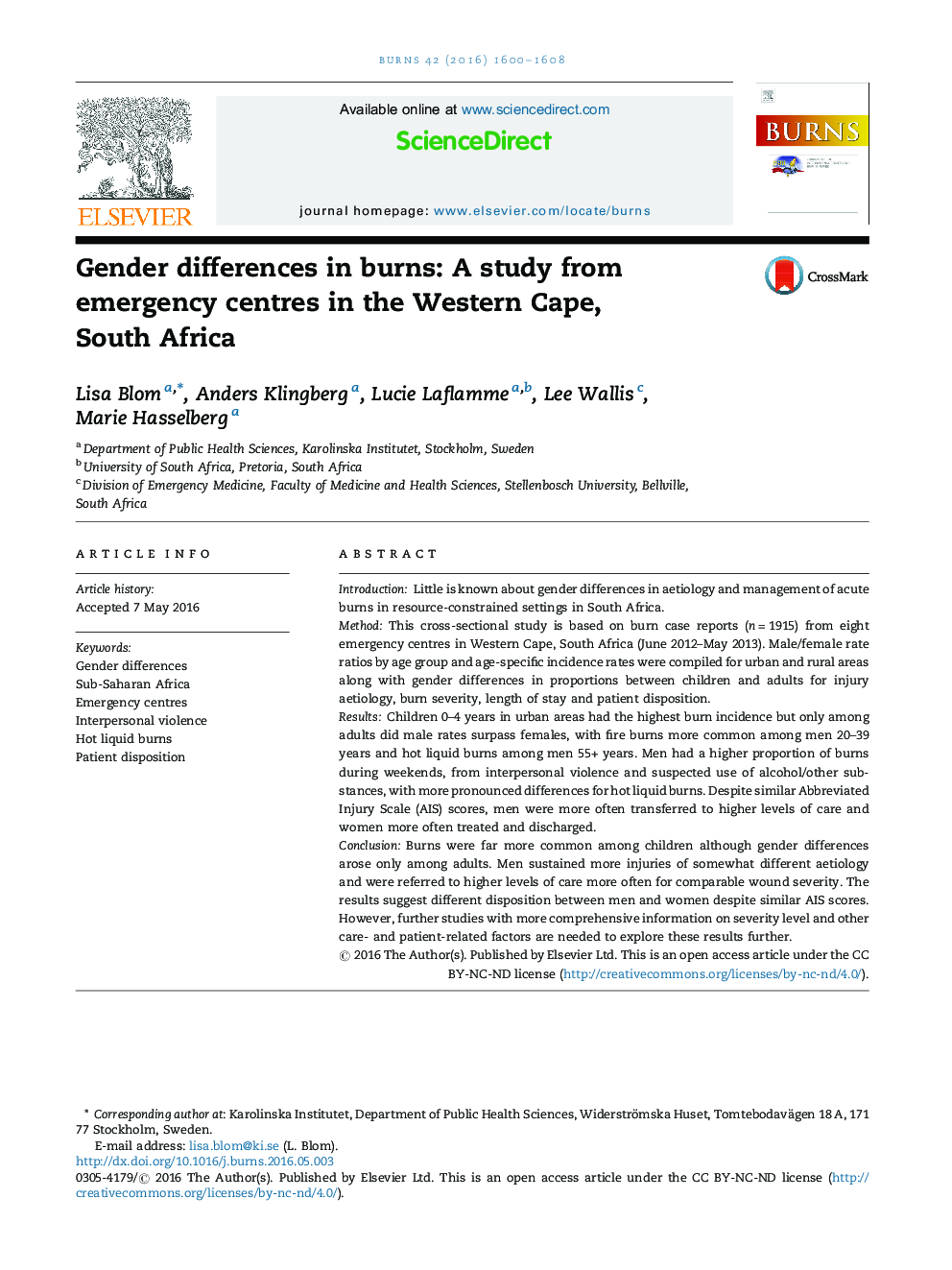 Gender differences in burns: A study from emergency centres in the Western Cape, South Africa