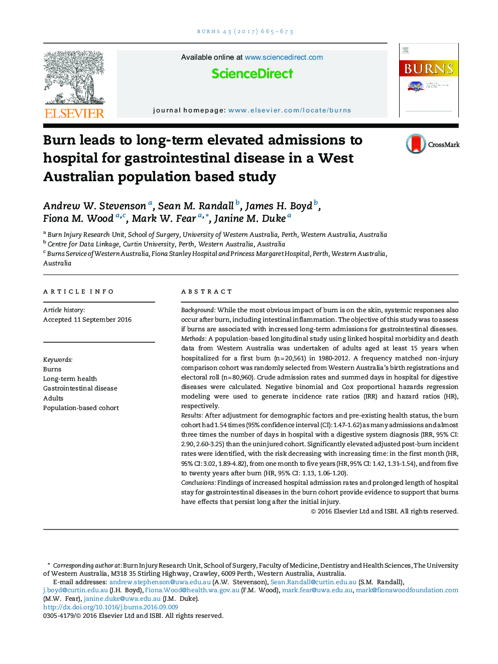 Burn leads to long-term elevated admissions to hospital for gastrointestinal disease in a West Australian population based study