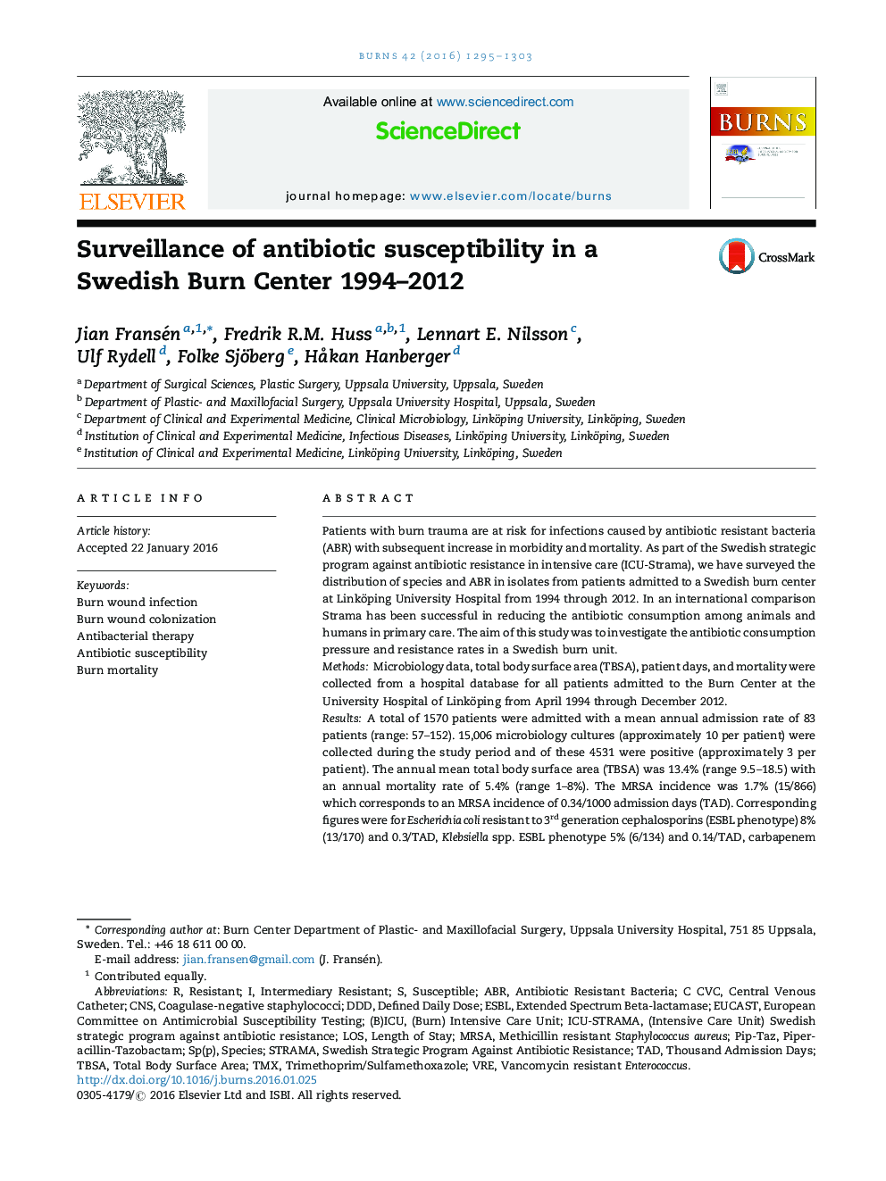 Surveillance of antibiotic susceptibility in a Swedish Burn Center 1994-2012