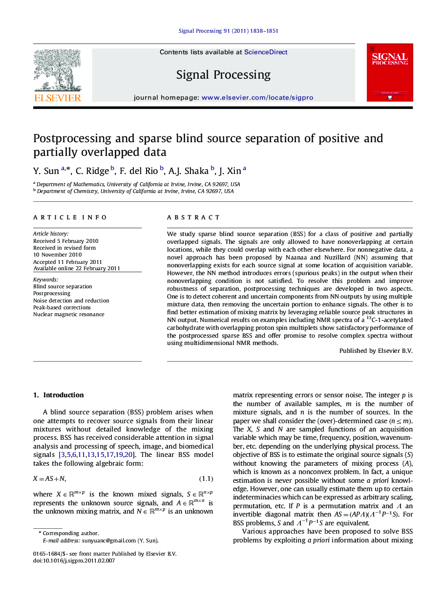 Postprocessing and sparse blind source separation of positive and partially overlapped data