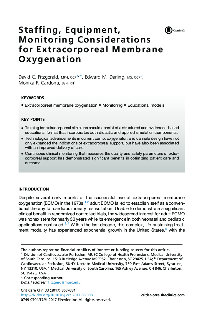 Staffing, Equipment, Monitoring Considerations for Extracorporeal Membrane Oxygenation