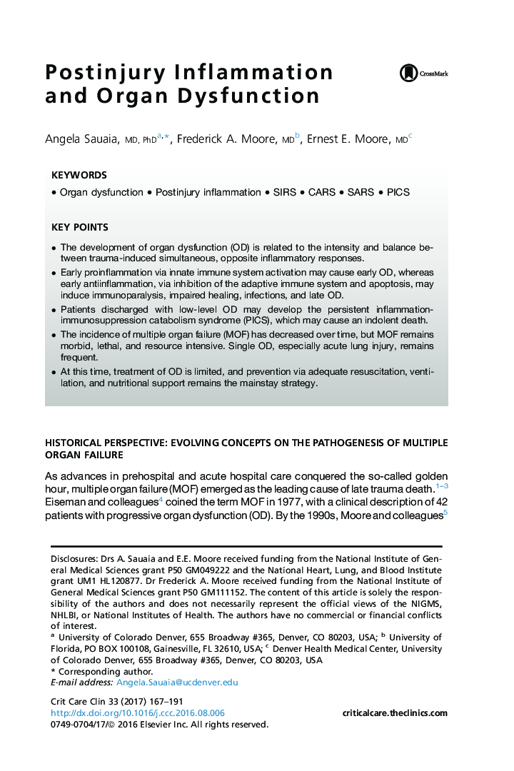 Postinjury Inflammation and Organ Dysfunction