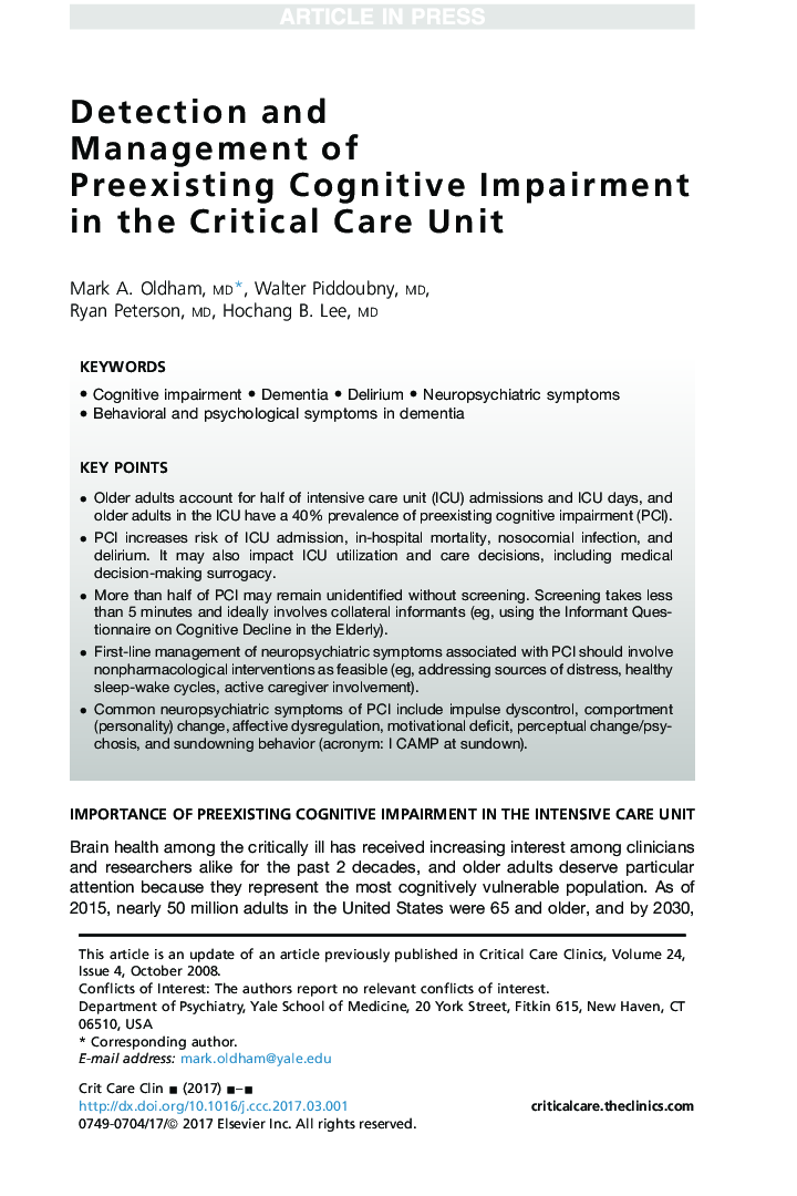 Detection and Management of Preexisting Cognitive Impairment in the Critical Care Unit