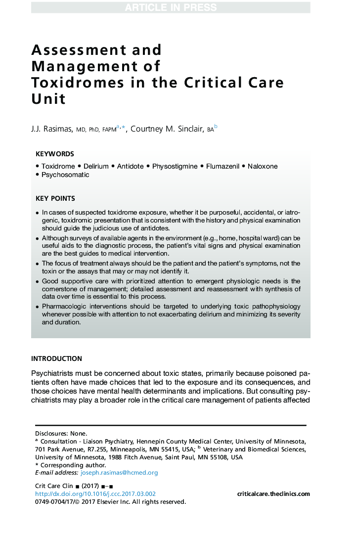 Assessment and Management of Toxidromes in the Critical Care Unit
