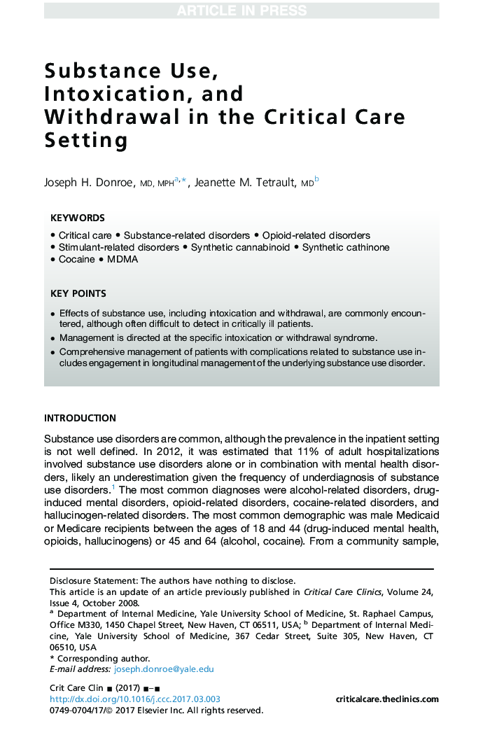 Substance Use, Intoxication, and Withdrawal in the Critical Care Setting