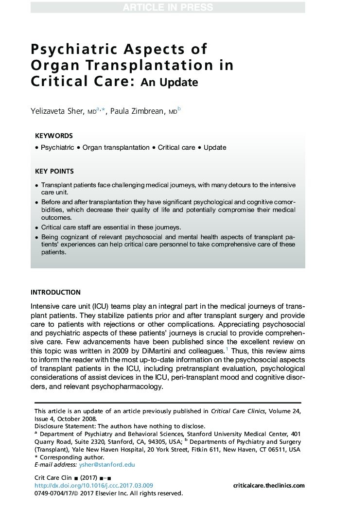 Psychiatric Aspects of Organ Transplantation in Critical Care