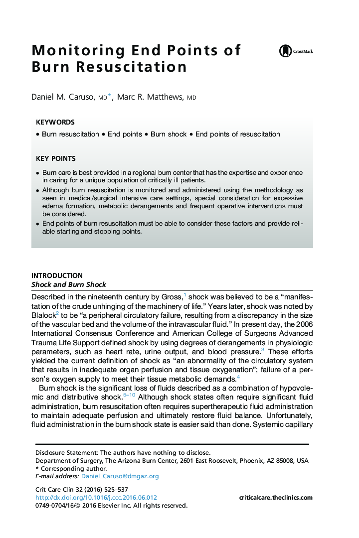 Monitoring End Points of Burn Resuscitation