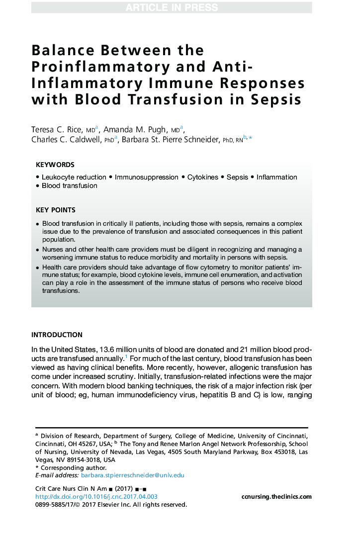 تعادل بین پاسخ ایمنی پروتئین التهابی و ضد التهابی با انتقال خون در سپسیس 