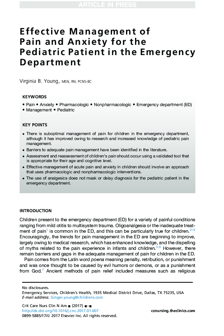 Effective Management of Pain and Anxiety for the Pediatric Patient in the Emergency Department