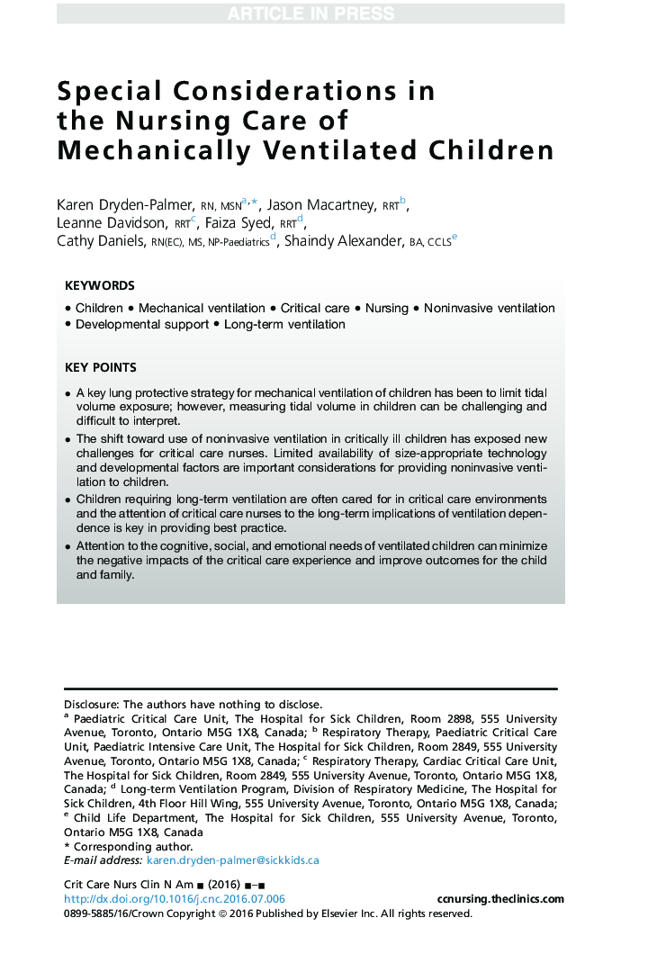 Special Considerations in the Nursing Care of Mechanically Ventilated Children