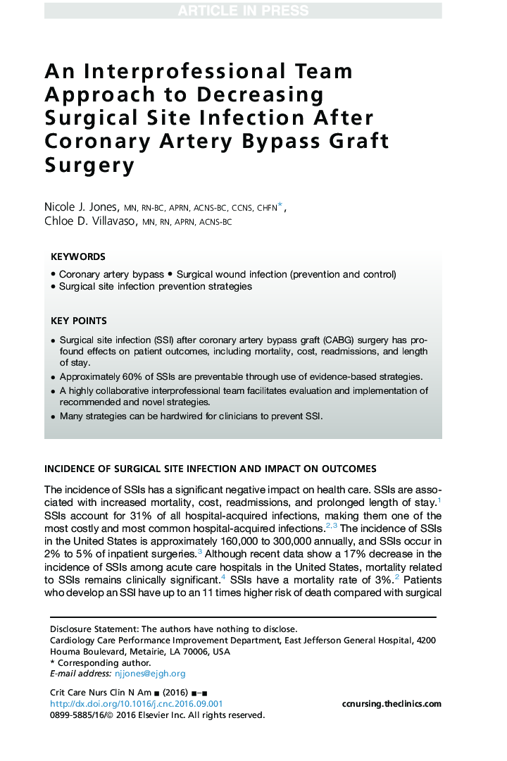 An Interprofessional Team Approach to Decreasing Surgical Site Infection After Coronary Artery Bypass Graft Surgery