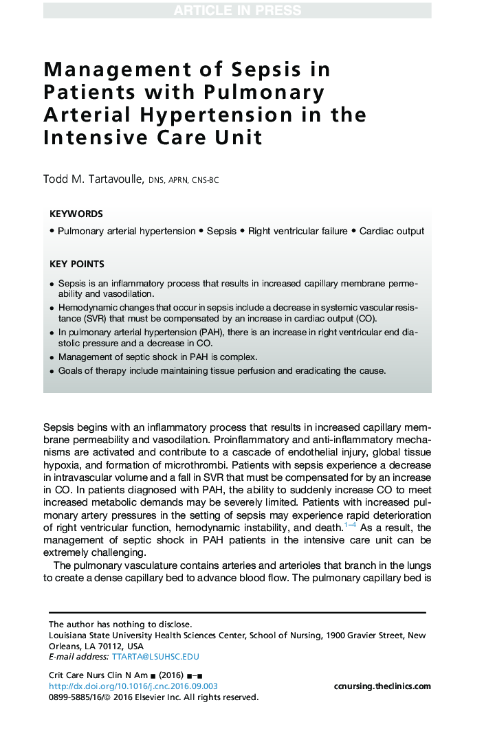 Management of Sepsis in Patients with Pulmonary Arterial Hypertension in the Intensive Care Unit