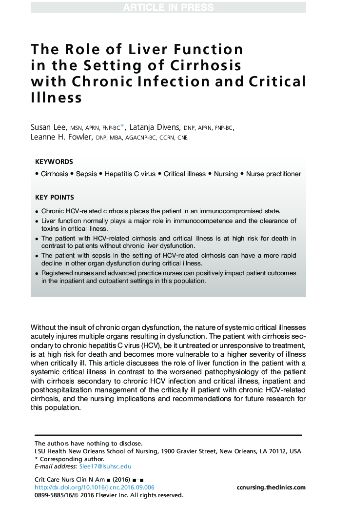 The Role of Liver Function in the Setting of Cirrhosis with Chronic Infection and Critical Illness