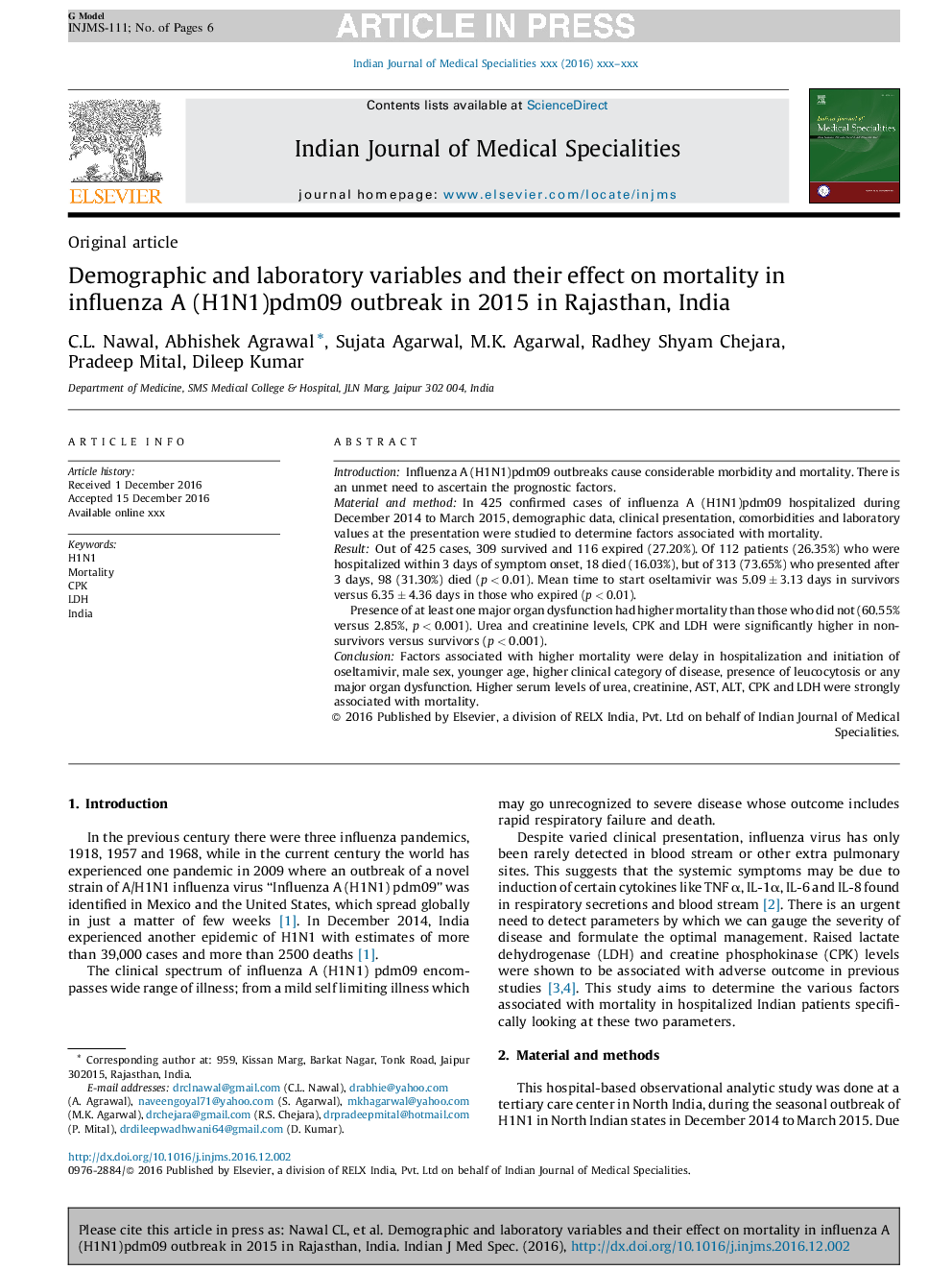 Demographic and laboratory variables and their effect on mortality in influenza A (H1N1)pdm09 outbreak in 2015 in Rajasthan, India