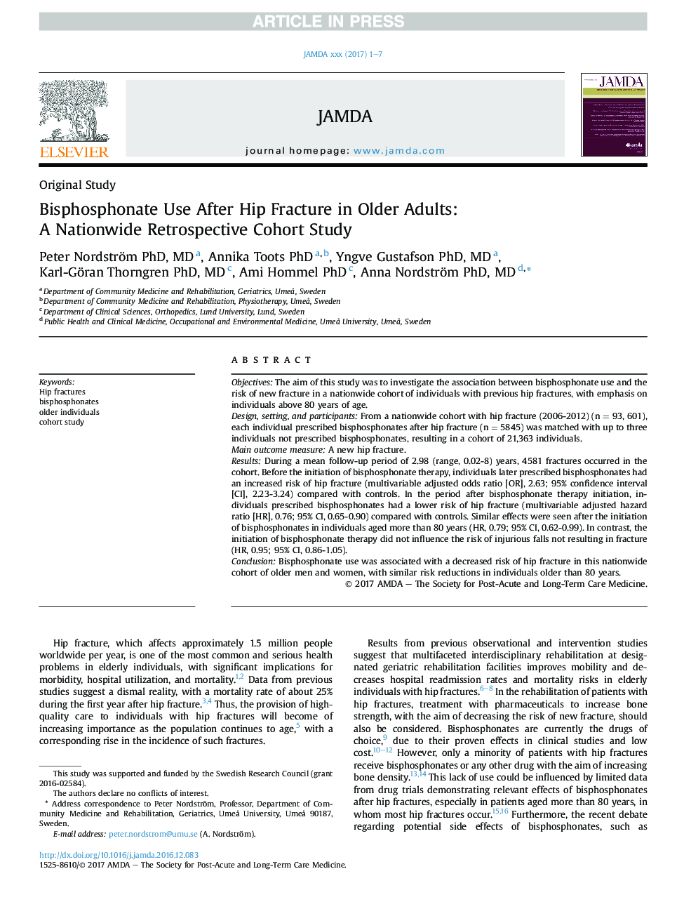 Bisphosphonate Use After Hip Fracture in Older Adults: AÂ Nationwide Retrospective Cohort Study