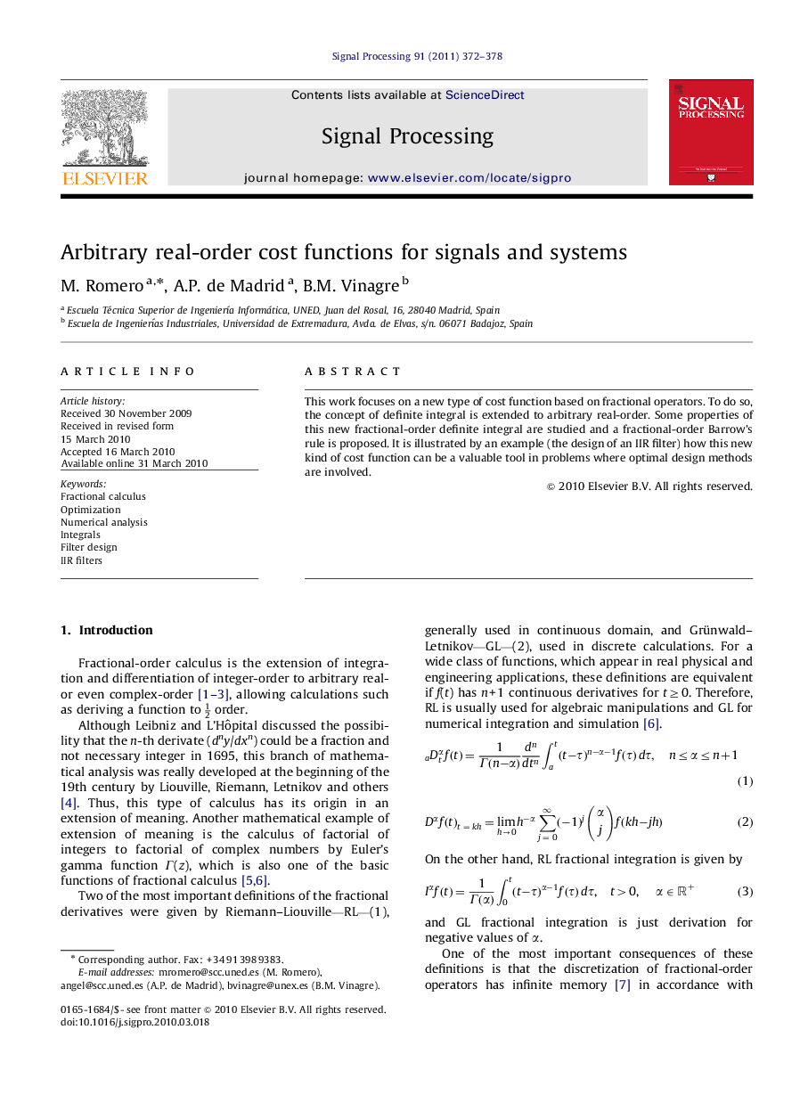 Arbitrary real-order cost functions for signals and systems