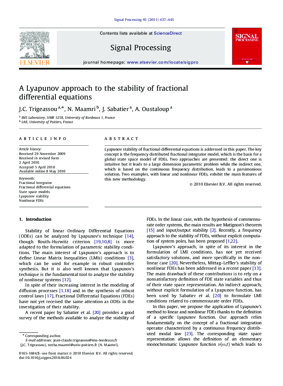 A Lyapunov approach to the stability of fractional differential equations