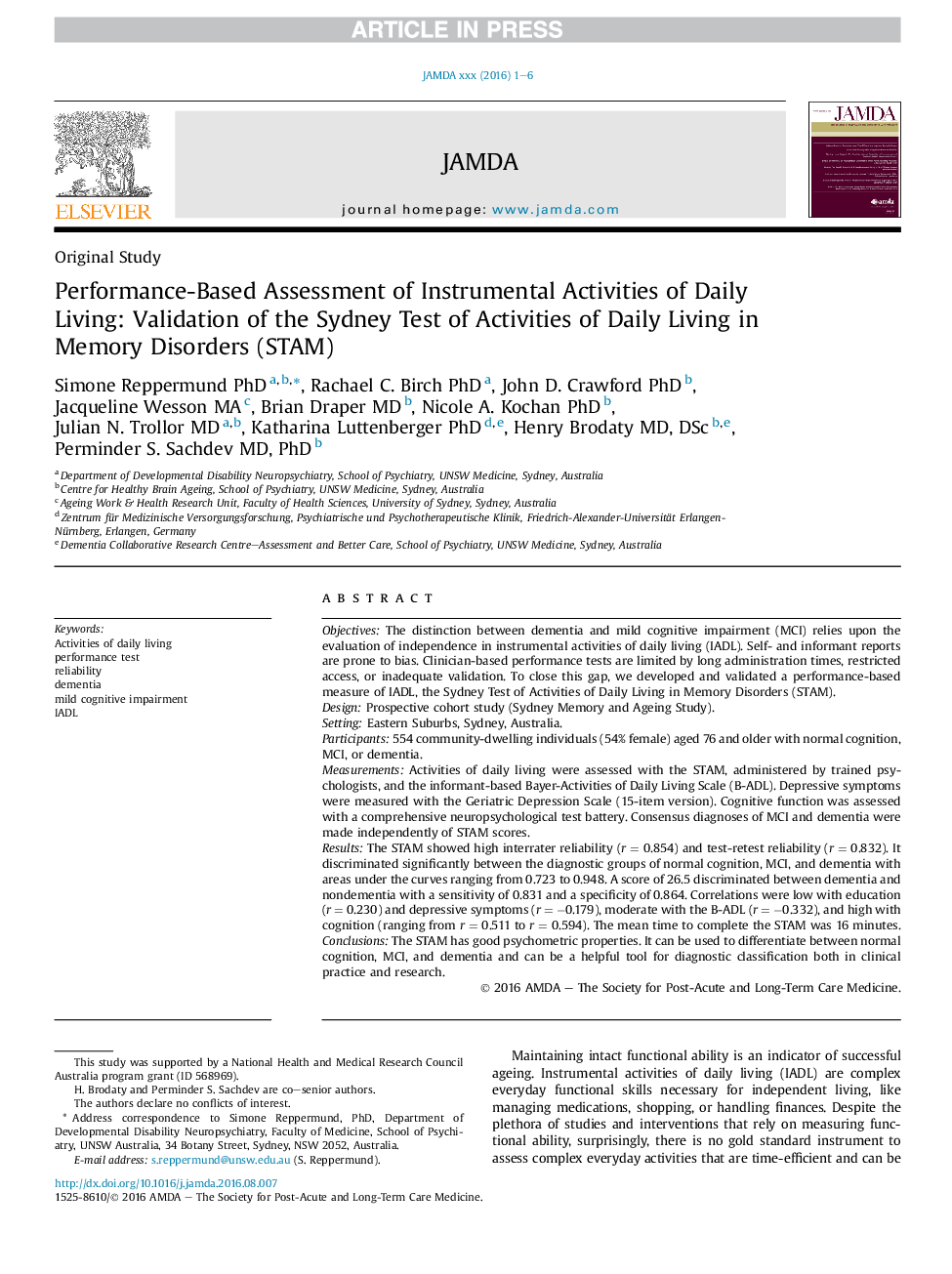 Performance-Based Assessment of Instrumental Activities of Daily Living: Validation of the Sydney Test of Activities of Daily Living in Memory Disorders (STAM)