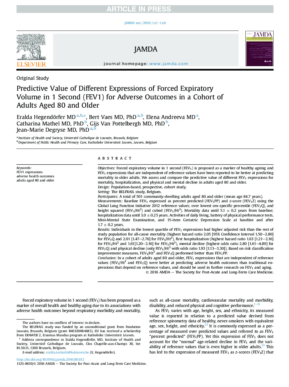 Predictive Value of Different Expressions of Forced Expiratory Volume in 1 Second (FEV1) for Adverse Outcomes in a Cohort of Adults Aged 80 and Older