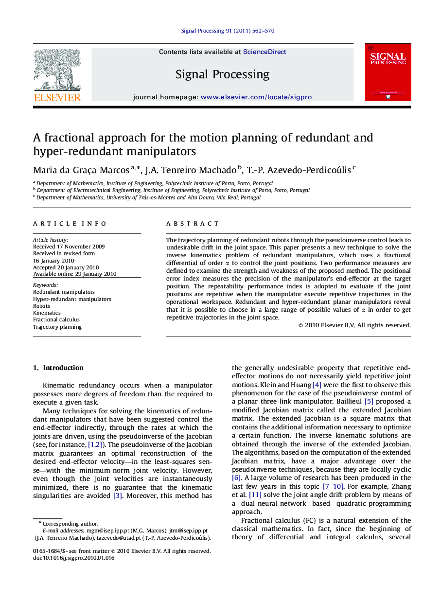 A fractional approach for the motion planning of redundant and hyper-redundant manipulators