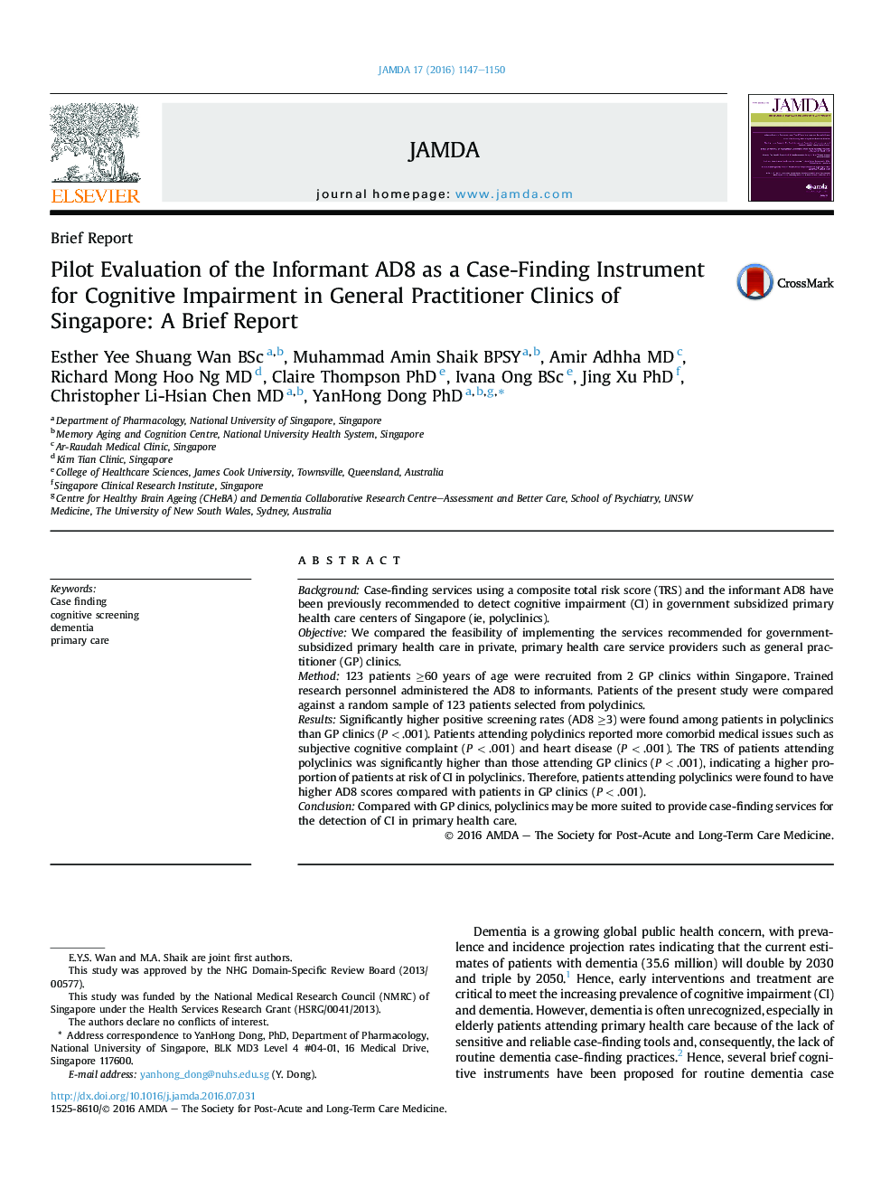 Pilot Evaluation of the Informant AD8 as a Case-Finding Instrument for Cognitive Impairment in General Practitioner Clinics of Singapore: A Brief Report