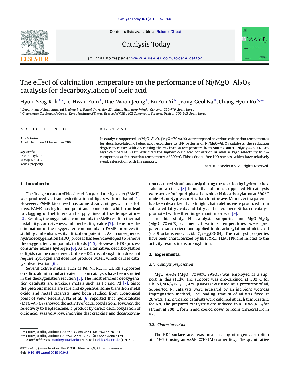 The effect of calcination temperature on the performance of Ni/MgO–Al2O3 catalysts for decarboxylation of oleic acid