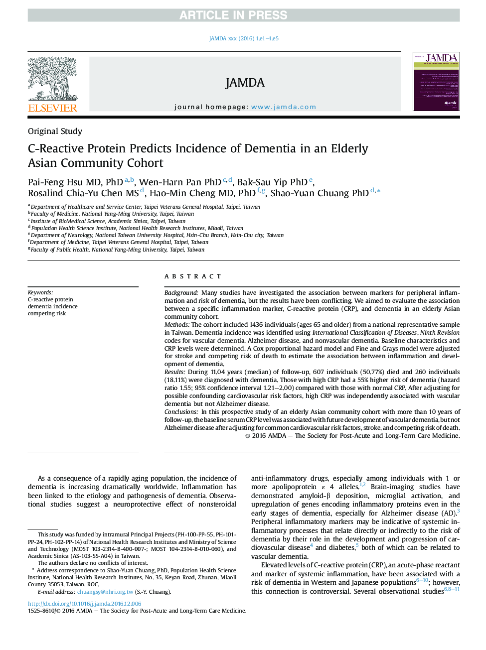 C-Reactive Protein Predicts Incidence of Dementia in an Elderly Asian Community Cohort