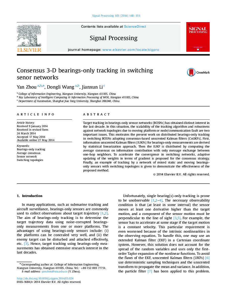 Consensus 3-D bearings-only tracking in switching senor networks