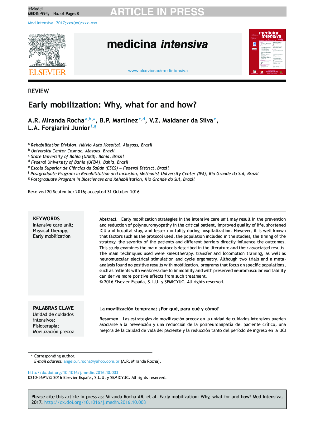 Early mobilization: Why, what for and how?