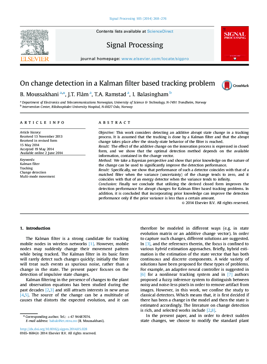 On change detection in a Kalman filter based tracking problem