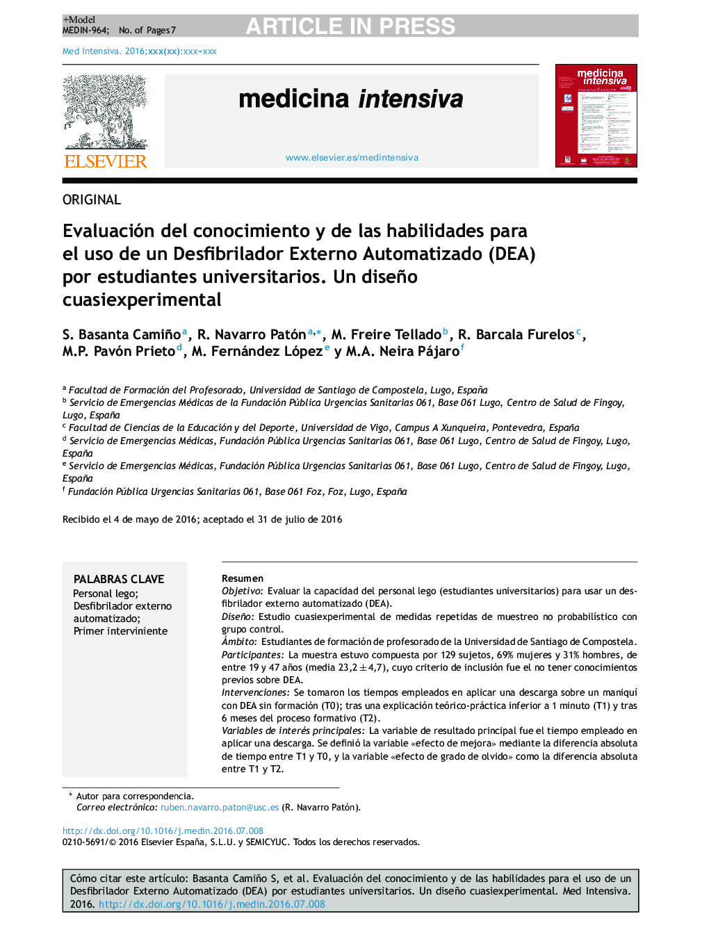 Evaluación del conocimiento y de las habilidades para el uso de un Desfibrilador Externo Automatizado (DEA) por estudiantes universitarios. Un diseño cuasiexperimental