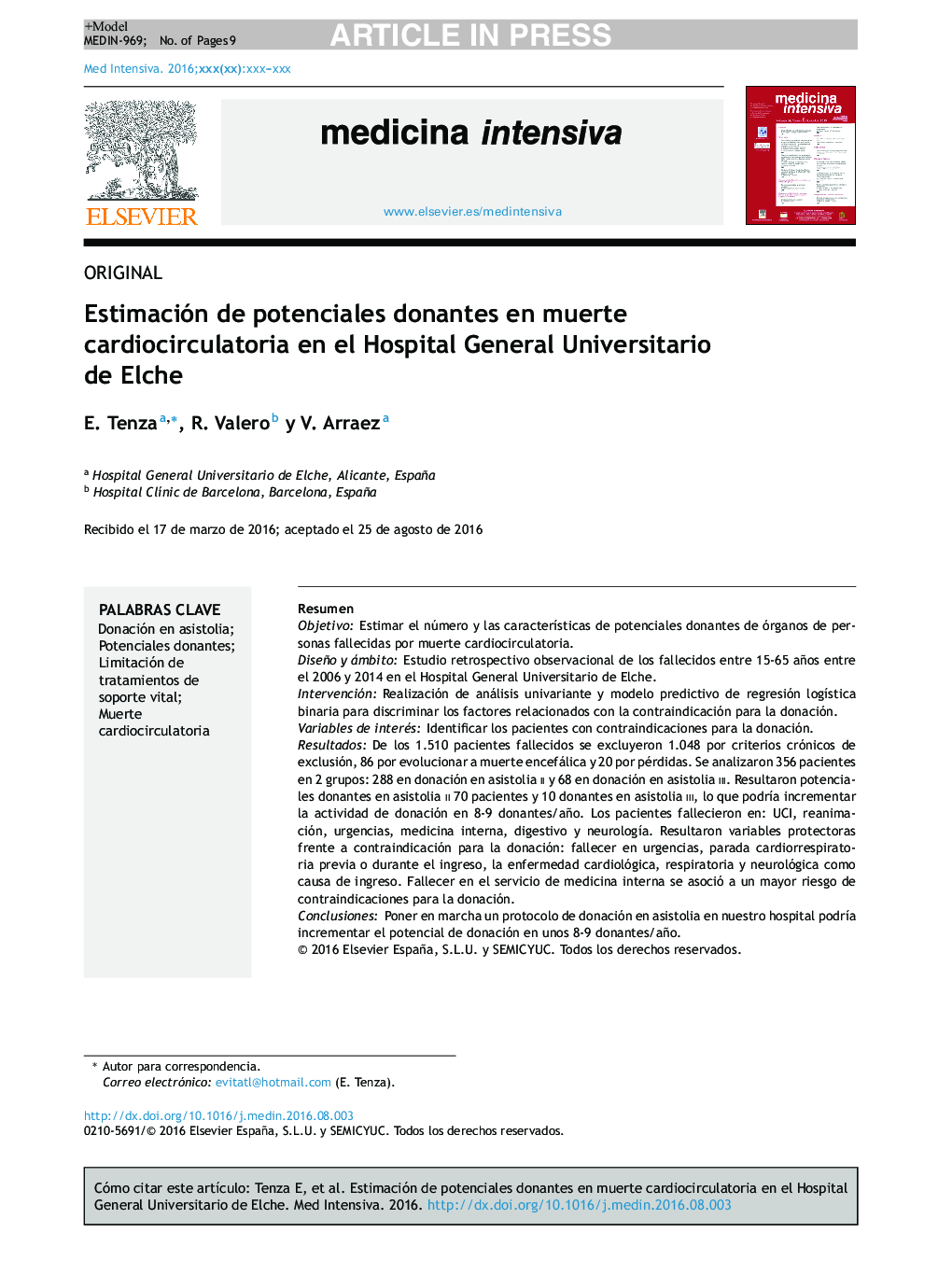 Estimación de potenciales donantes en muerte cardiocirculatoria en el Hospital General Universitario de Elche