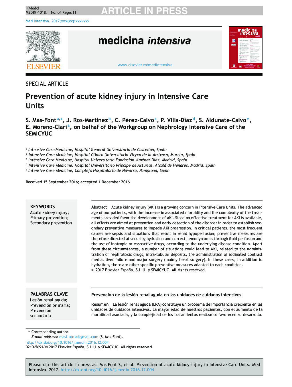 Prevention of acute kidney injury in Intensive Care Units