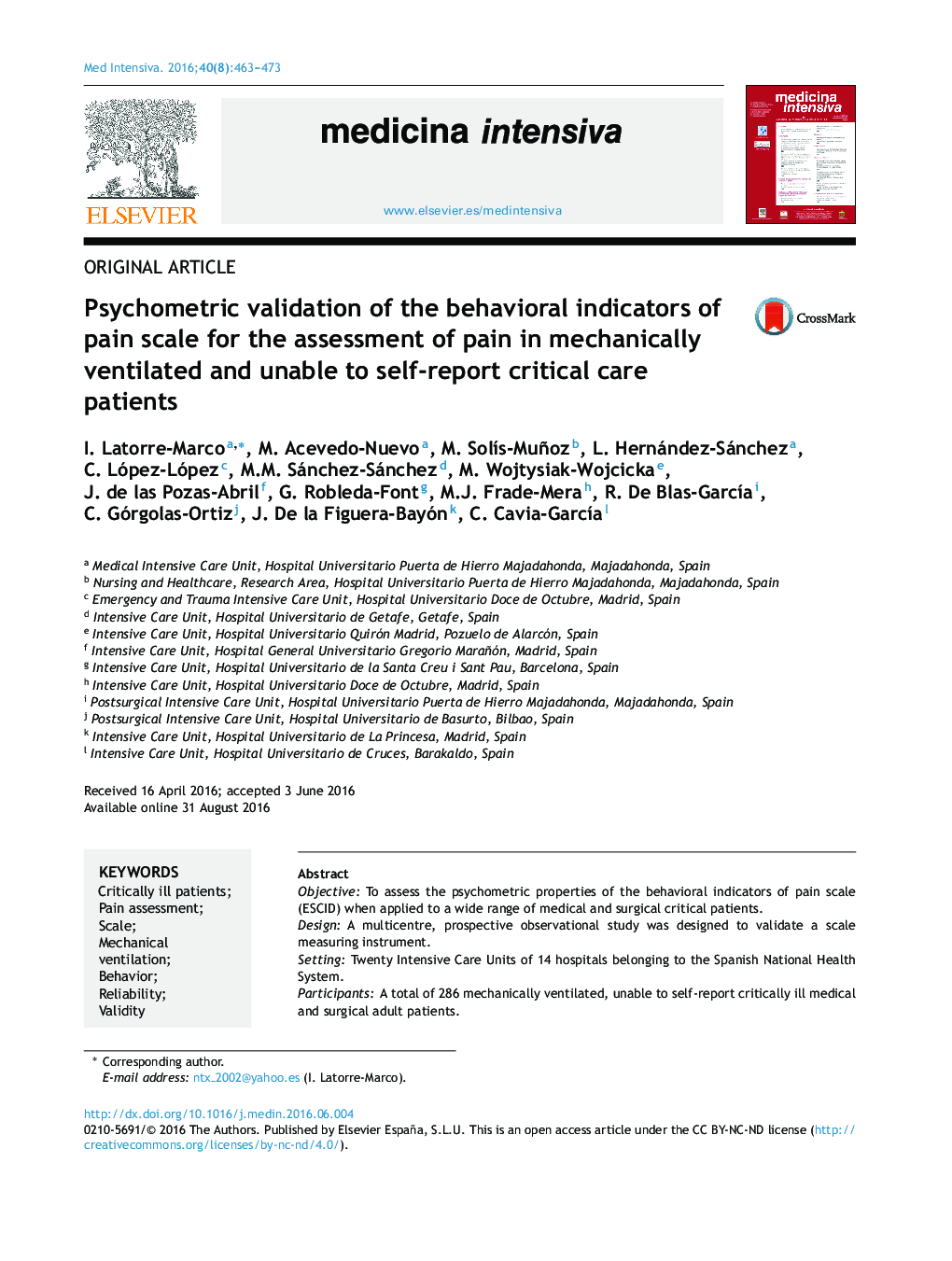 Psychometric validation of the behavioral indicators of pain scale for the assessment of pain in mechanically ventilated and unable to self-report critical care patients