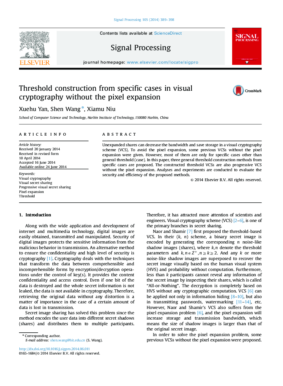 Threshold construction from specific cases in visual cryptography without the pixel expansion